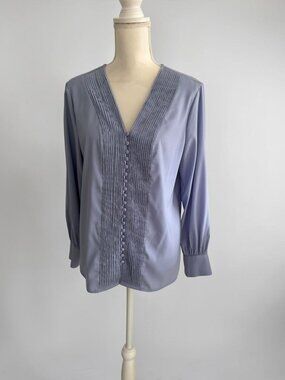 TAHARI Blue Pleated Long Sleeve Top Size Medium